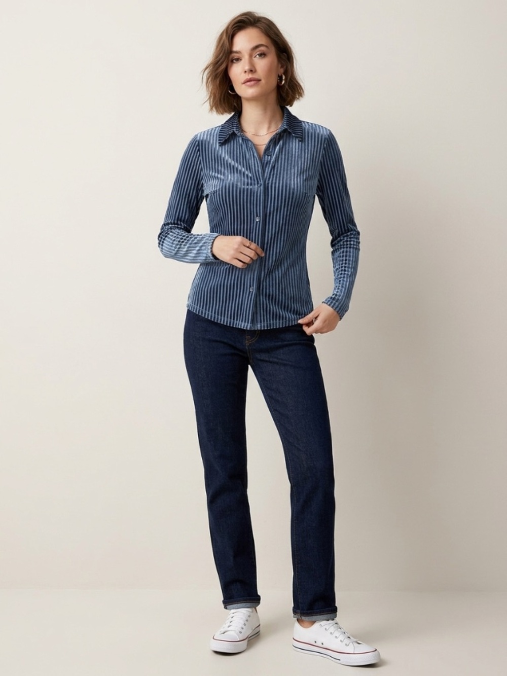 SHEIN Blue Velvet Burnout Striped Long Sleeve Button Down Shirt | Size Small (S)